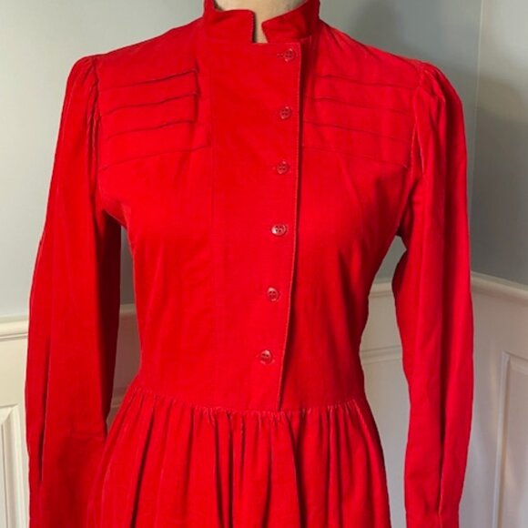 Vintage 80's Lanz Originals Cottagcore Red Corduroy Bib Front Midi Dress Small - Picture 3 of 10